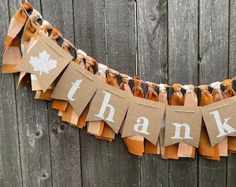 Thankful Plaid Flannel Burlap Banner - Farmhouse Garland - Thanksgiving - Fall - Lumberjack -  Harvest - Burnt Orange - Pumpkin- Gingham