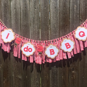 I do BBQ Wedding Decorations- Banner- Party- Gingham Fabric - Bridal Shower Picnic - Barbecue