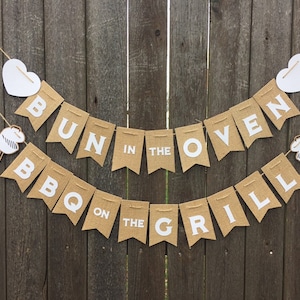 Bun In The Oven, Burgers On The Grill Gender Reveal Burlap Banner- Party - BBQ - Baby Announcement- BabyQ- Picnic- Baby Shower