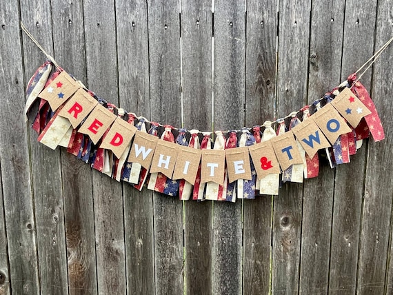 Red White And Two Birthday Banner - 4th Of July Patriotic Party Decorations With Glitter