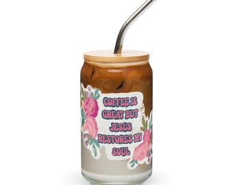 Christian iced coffee Can-shaped glass with lid and straw, Jesus restores my soul Christian gifts for her, gift for coffee lover