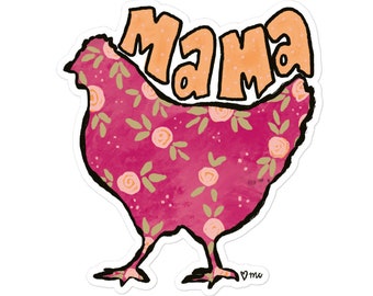 May include: A pink chicken with a floral pattern and the word "Mama" in orange letters on top. The chicken is standing on a white background with the words "love ma" at the bottom.
