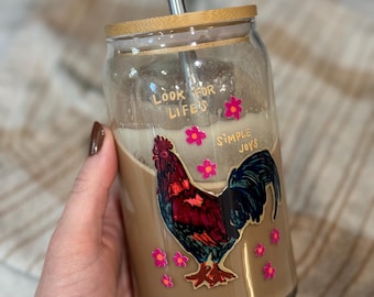 Rooster Can-Shaped Glass, Chicken Lover Gift, 16oz