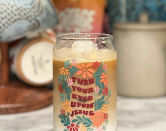 Christian Iced Coffee Glass with Beautiful Floral Design Aesthetic Christian merch, teacher appreciation gift, Mother’s Day gift