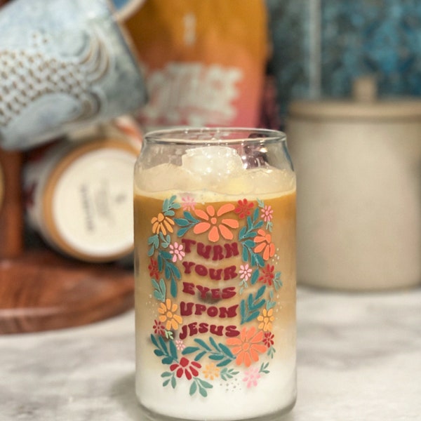 Christian Iced Coffee Glass with Beautiful Floral Design Aesthetic Christian merch, teacher appreciation gift, Mother’s Day gift