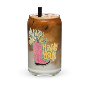 Cowgirl boot iced coffee Can-shaped glass, howdy yall country design trendy tumbler