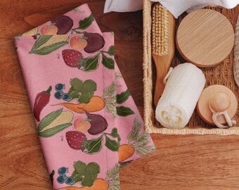 Fun kitchen Hand towel pink with fruits and veggies, cottagecore kitchen cup towel