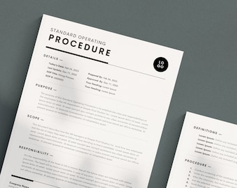 May include: Two black and white pages with the title "Standard Operating Procedure" and a logo. The pages contain text about definitions, procedures, related resources, and other notes.