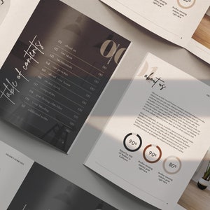 May include: Several open brochures with text and graphics are displayed. One page reads "Table of Contents" with a list of topics. Another page says "About Us" with text and circular charts. The layout includes images of a smiling person.
