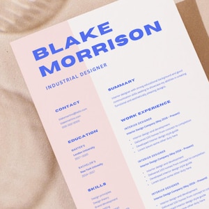 May include: A pink and white CV with the name Blake Morrison in blue text. The CV lists the job title Industrial Designer, contact information, education, skills, summary, and work experience.