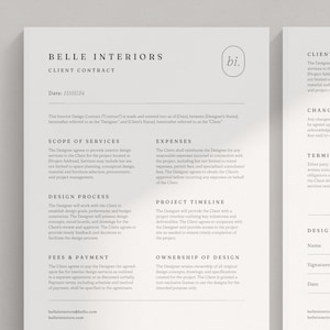 May include: A two-page client contract from Belle Interiors, featuring text in a minimalist design. The contract includes sections for scope of services, design process, fees, and client responsibilities. The document is printed on off-white paper.