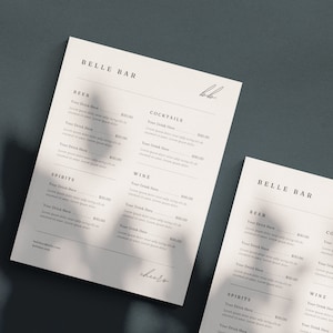 Minimalistyczny szablon menu baru restauracyjnego | Lista drinków Canva | Prosta tablica menu drinków | Wydrukowany znak baru | Znak baru weselnego | Menu koktajlowe
