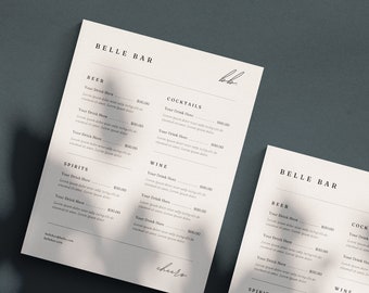 Minimalist Bar Menu Template: Printable Drink List Canva (US Letter & A4)