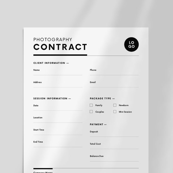 Minimalist Photography Contract Template | Simple Service Contract | Minimal Contract Agreement | Wedding Photography | Canva & Indesign