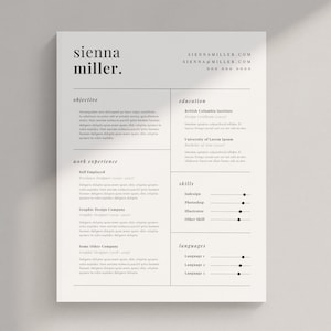 May include: A black and white resume with the name "sienna miller." at the top. The resume includes sections for objective, work experience, education, skills, and languages.