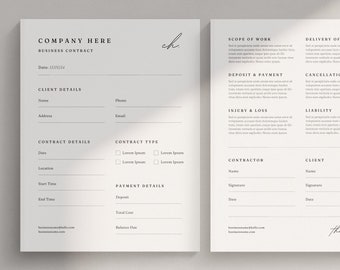 May include: A black and white business contract template with the title "Company Here Business Contract". The template includes sections for client details, contract details, payment details, scope of work, delivery of work, deposit and payment, cancellation, injury and loss, liability, contractor, and client.