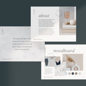 May include: A mood board for a brand with a minimalist aesthetic. The board features a white vase with dried pampas grass, a marble texture, a light blue color swatch, and a color palette of gray, beige, and white.
