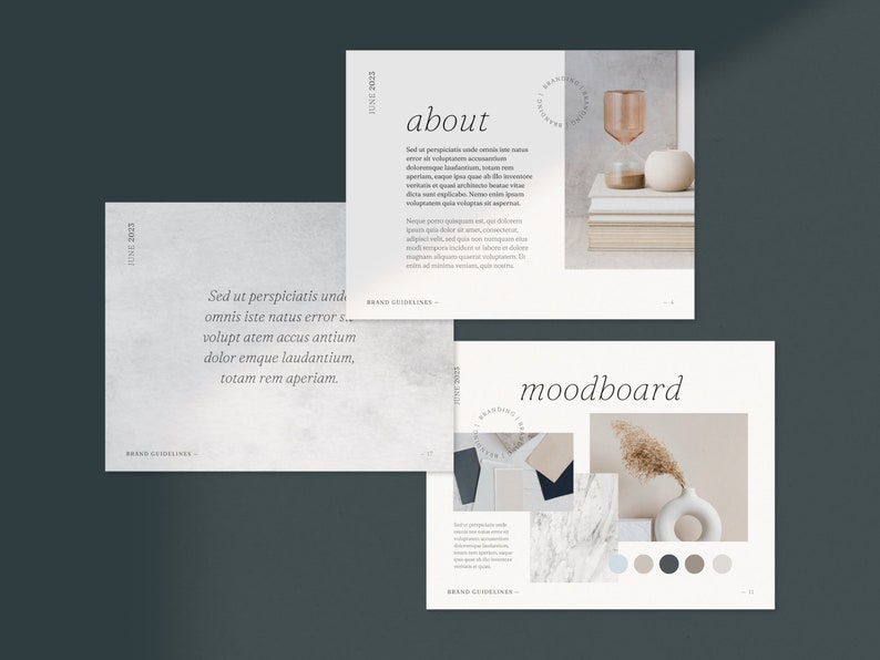 May include: A mood board for a brand with a minimalist aesthetic. The board features a white vase with dried pampas grass, a marble texture, a light blue color swatch, and a color palette of gray, beige, and white.