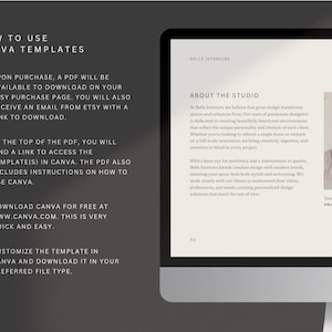May include: A computer screen displaying a guide on how to use Canva templates. The guide includes instructions on how to purchase, download, and customise the templates. The screen also shows a section about Belle Interiore, an interior design studio.