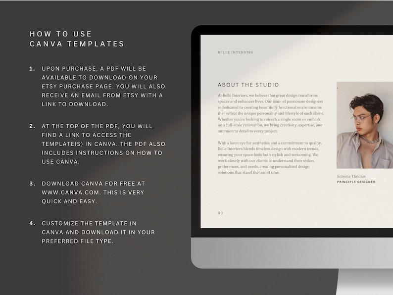 May include: A computer screen displaying a guide on how to use Canva templates. The guide includes instructions on how to purchase, download, and customise the templates. The screen also shows a section about Belle Interiore, an interior design studio.