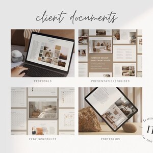 Pu&ograve; includere: Un collage di immagini che mostrano diversi tipi di documenti per i clienti dei servizi di interior design. I documenti includono proposte, programmi FF&E, presentazioni e portfolio.
