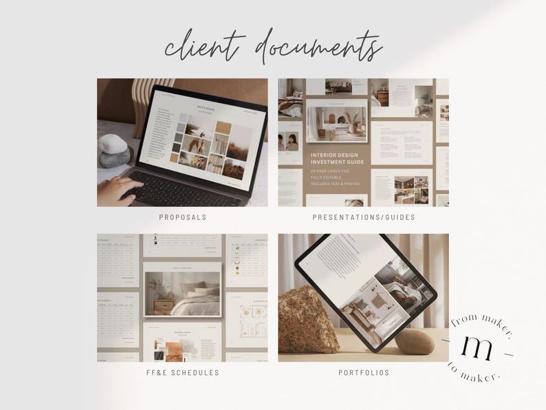 Pu&ograve; includere: Un collage di immagini che mostrano diversi tipi di documenti per i clienti dei servizi di interior design. I documenti includono proposte, programmi FF&E, presentazioni e portfolio.