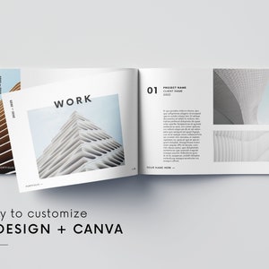 Puede incluir: Un folleto de portafolio abierto con un dise&ntilde;o moderno. La portada presenta un edificio y el texto "2022-2023" y "Portfolio". Las p&aacute;ginas interiores muestran im&aacute;genes arquitect&oacute;nicas y texto. La palabra "WORK" se muestra. El texto "Easy to customize INDESIGN + CANVA" est&aacute; en la parte inferior.