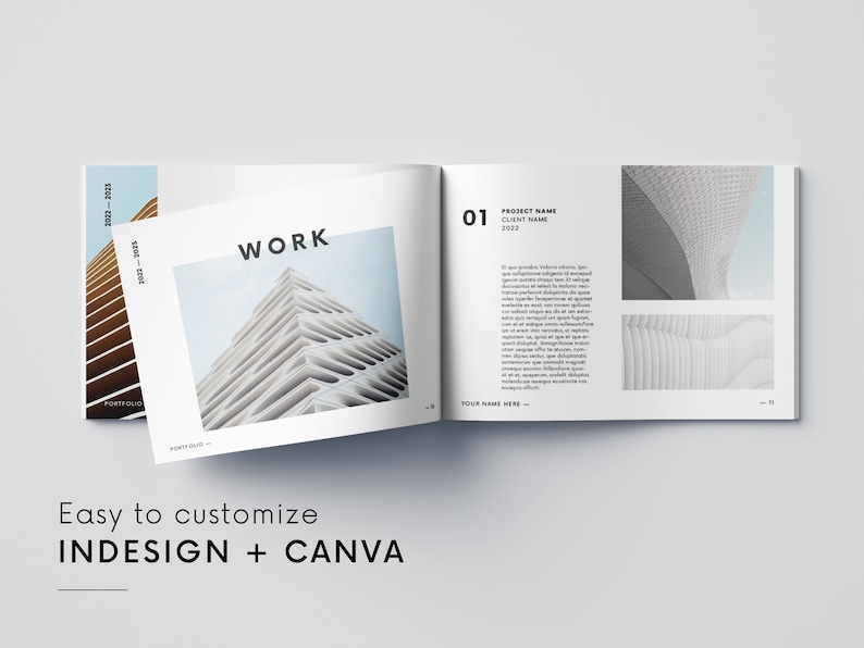 Puede incluir: Un folleto de portafolio abierto con un dise&ntilde;o moderno. La portada presenta un edificio y el texto "2022-2023" y "Portfolio". Las p&aacute;ginas interiores muestran im&aacute;genes arquitect&oacute;nicas y texto. La palabra "WORK" se muestra. El texto "Easy to customize INDESIGN + CANVA" est&aacute; en la parte inferior.