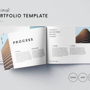 Puede incluir: Una plantilla de portafolio minimalista con el t&iacute;tulo "Minimal PORTFOLIO TEMPLATE" en texto negro. La plantilla incluye secciones para "CONSULT", "BRAINSTORM", "DESIGN" e "ITERATE". El dise&ntilde;o presenta una imagen arquitect&oacute;nica moderna y el texto "PROCESS".