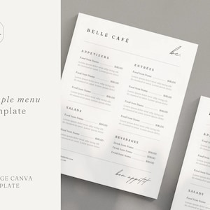 Plantilla mínima de menú de restaurante / Menú de comida Canva / Tablero de menú de cafetería simple / Plantilla de menú de bebidas / Plantilla de menú de bar minimalista