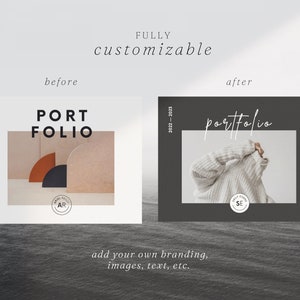 Puede incluir: Dos ejemplos de portadas de portafolio, una con un dise&ntilde;o geom&eacute;trico en naranja, marr&oacute;n y negro, y la otra con una foto de una persona con un su&eacute;ter blanco. Ambas portadas tienen el texto "portfolio" y el a&ntilde;o "2022-2023".