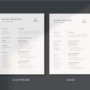 May include: Two resume templates on a dark gray background. The resumes are white with black text, featuring the name "BLAKE MARTINS, Interior Designer." One is US Letter size, the other A4 size. The resumes include sections for contact, education, skills, and work experience.