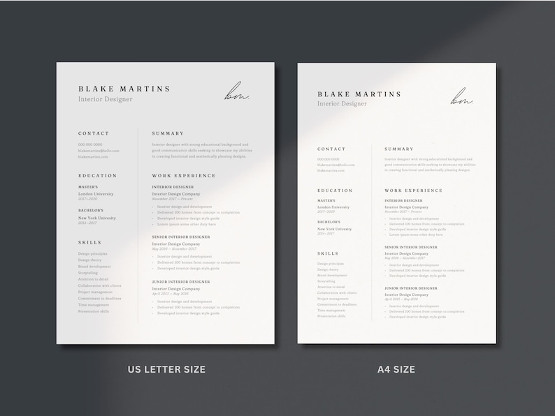 May include: Two resume templates on a dark gray background. The resumes are white with black text, featuring the name "BLAKE MARTINS, Interior Designer." One is US Letter size, the other A4 size. The resumes include sections for contact, education, skills, and work experience.