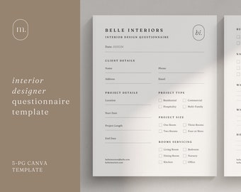 Vragenlijstsjabloon interieurontwerper | Vragen over onboarding Canva | Minimalistische vragenlijst | Formulieren voor interieurontwerp