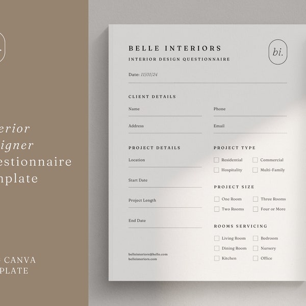 Interior Designer Client Questionnaire Template | Onboarding Questions Canva | Minimalist Questionnaire | Interior Design Forms