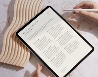 May include: A close-up of a tablet screen displaying a client contract for Ellis Photography. The contract includes sections for scope of work, payment terms, copyright and ownership, usage of images for marketing, cancellation and refund policy, and delivery of photos.