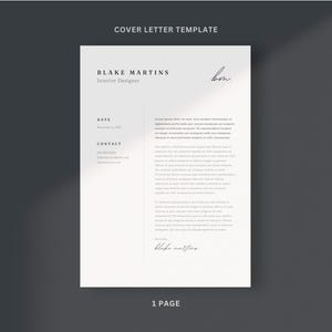 May include: A cover letter template on a white background with the text "COVER LETTER TEMPLATE" at the top. The document includes the name "BLAKE MARTINS Interior Designer", date, contact information, and a signature. The bottom of the page reads "1 PAGE".