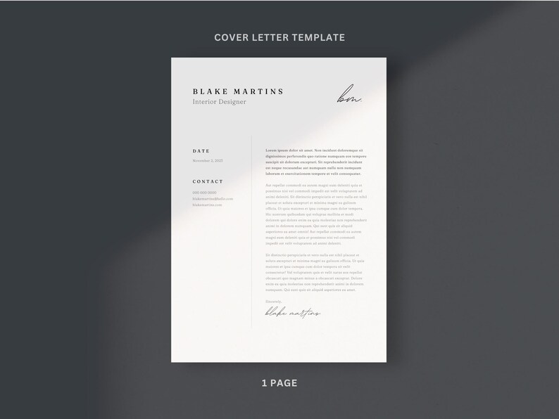 May include: A cover letter template on a white background with the text "COVER LETTER TEMPLATE" at the top. The document includes the name "BLAKE MARTINS Interior Designer", date, contact information, and a signature. The bottom of the page reads "1 PAGE".