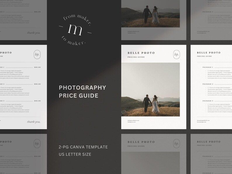 Modelo de guia de preços de fotografia: lista de preços de fotógrafos de casamento de 2 páginas (Canva) imagem 1