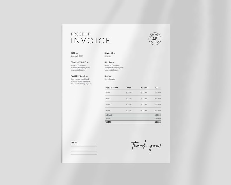 May include: A black and white invoice template with the words "Project Invoice" at the top. The invoice includes sections for date, invoice number, company info, bill to, payment info, due date, description, rate, hours, and total. The invoice also includes a section for notes and a thank you message.