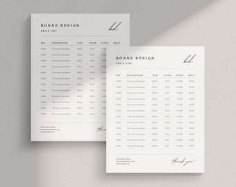 May include: A black and white price list for Bonne Design. The list includes columns for SKU, description, size, color, other, and price. The text "Bonne Design" and "Price List" are at the top of the page. The text "Thank you!" is at the bottom of the page.