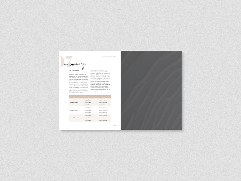 Puede incluir: Una p&aacute;gina de un informe empresarial con el encabezado "En resumen" y una tabla con los t&iacute;tulos "N&uacute;mero de proyectos", "Inicio del proyecto", "Fin del proyecto" y "Descripci&oacute;n general del proyecto". La p&aacute;gina est&aacute; abierta a una imagen abstracta en blanco y negro.