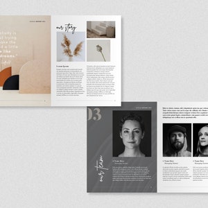 Puede incluir: Una doble p&aacute;gina de revista con una foto en blanco y negro de una mujer en la p&aacute;gina izquierda y una foto en blanco y negro de dos personas en la p&aacute;gina derecha. El texto de la p&aacute;gina izquierda dice "nuestro equipo" y el texto de la p&aacute;gina derecha dice "La creatividad es intentar hacer que el mundo sea un poco m&aacute;s como nuestros sue&ntilde;os."