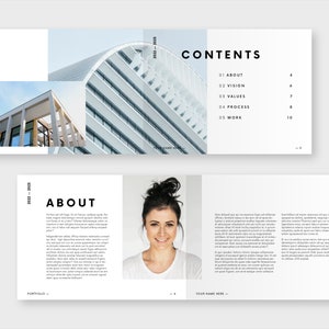 Puede incluir: Una p&aacute;gina de folleto con un dise&ntilde;o moderno. La p&aacute;gina superior presenta la palabra "CONTENTS" con una lista de temas. La p&aacute;gina inferior presenta la palabra "ABOUT" y una foto de una mujer. Tambi&eacute;n se incluyen fotos arquitect&oacute;nicas.