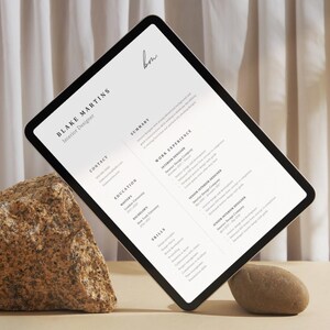 May include: A digital tablet displaying a resume for "Blake Martins, Interior Designer." The resume includes sections for contact, education, skills, and work experience. The tablet is propped up by a rock and a small stone against a neutral background.