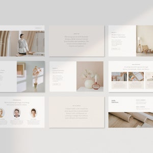 May include: A collection of nine website design layouts with a minimalist aesthetic. The layouts feature images, text, and design elements in neutral tones. The layouts showcase interior design projects, testimonials, and contact information.
