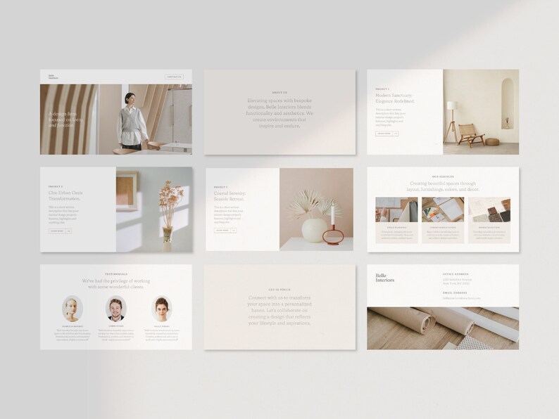May include: A collection of nine website design layouts with a minimalist aesthetic. The layouts feature images, text, and design elements in neutral tones. The layouts showcase interior design projects, testimonials, and contact information.