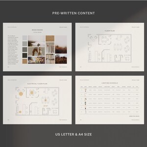 Pode incluir: Quatro p&aacute;ginas de um documento de projeto de design. A primeira p&aacute;gina mostra um quadro de humor com imagens de um casal, uma estante de livros e um campo de grama. A segunda p&aacute;gina mostra um plano de planta com um layout de mesas e cadeiras. A terceira p&aacute;gina mostra um plano de planta el&eacute;trica com um layout de mesas e cadeiras. A quarta p&aacute;gina mostra um cronograma de ilumina&ccedil;&atilde;o com uma tabela de n&uacute;meros e texto.