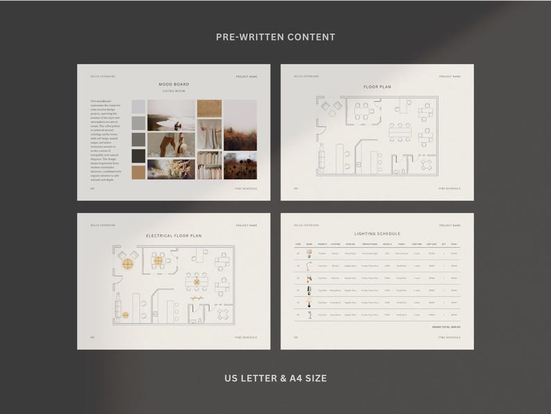 Pode incluir: Quatro p&aacute;ginas de um documento de projeto de design. A primeira p&aacute;gina mostra um quadro de humor com imagens de um casal, uma estante de livros e um campo de grama. A segunda p&aacute;gina mostra um plano de planta com um layout de mesas e cadeiras. A terceira p&aacute;gina mostra um plano de planta el&eacute;trica com um layout de mesas e cadeiras. A quarta p&aacute;gina mostra um cronograma de ilumina&ccedil;&atilde;o com uma tabela de n&uacute;meros e texto.