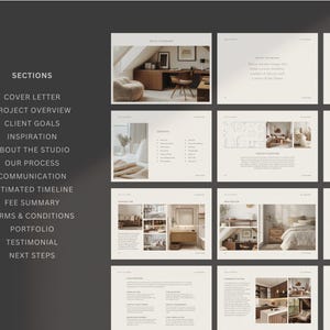 May include: A brochure for an interior design studio featuring images of different rooms and a list of services offered, including project overview, client goals, inspiration, about the studio, our process, communication, estimated timeline, fee summary, terms & conditions, portfolio, testimonial, and next steps.